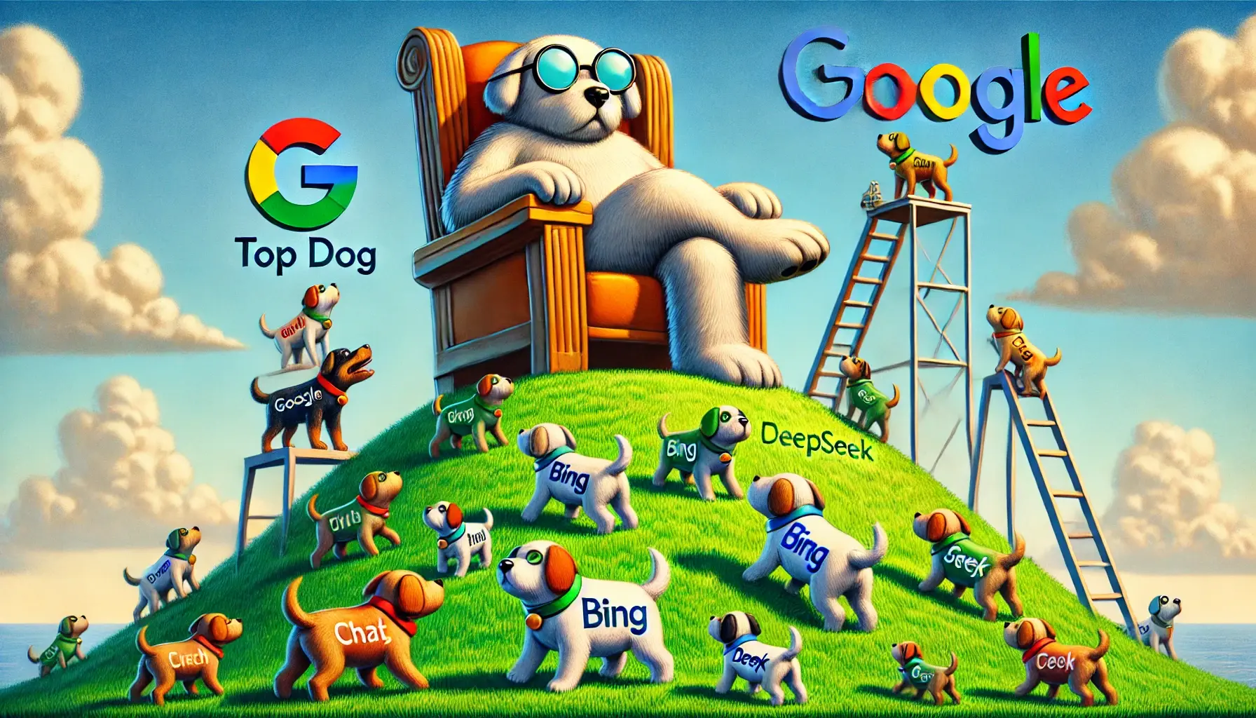 DALL·E 2025-04-30 13.14.47 - A humorous and symbolic digital illustration showing Google as a large, lazy dog sitting at the top of a grassy hill, looking smug and oversized. The 